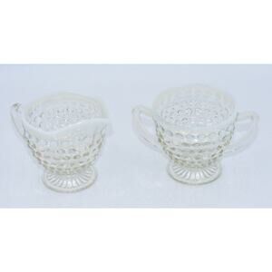 Anchor Hocking Moonstone Opalescent Hobnail Footed Creamer & Sugar Glass 2pc Set